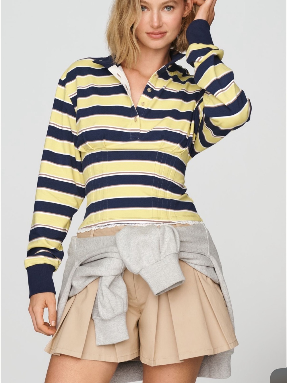 Maeve Anthropologie Lace Trim Corsetted Long-Sleeve Polo Small
